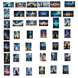 50pcs Van Gogh starry sky waterproof stickers for laptops and guitars featuring cat motifs