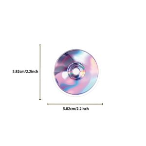 Macro view of holographic vaporwave sticker showing 5.82cm diameter measurement