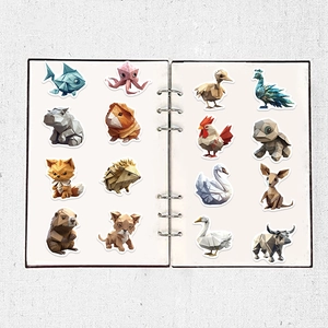 Detail showing 3D low-poly animal stickers displayed on a white loose-leaf notebook