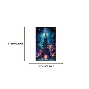 Detailed tarot sticker featuring The Tower card design with exact size measurements