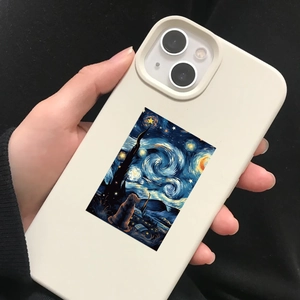 Close-up of beige phone case with Van Gogh Starry Night dog art held in hand