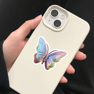 Close-up of beige iPhone case with 3D embossed holographic butterfly and matte finish