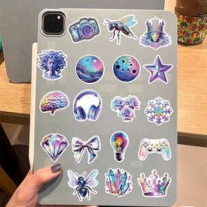 Holographic vaporwave aesthetic stickers for laptop with iridescent neon psychedelic patterns