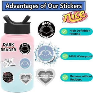 Waterproof dark romance stickers showing heart hand gestures and gothic art on a water bottle