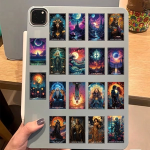 Detail of tarot card stickers on a tablet case featuring mystical doodle illustrations