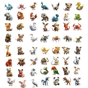Set of 50 low-poly origami animal stickers for laptops and DIY waterproof crafts
