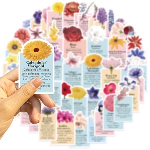 Dettaglio di adesivi floreali impermeabili con descrizioni botaniche per il DIY