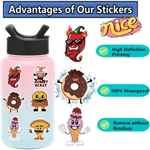 Detail of waterproof cartoon food stickers showing high-definition printing on water bottle