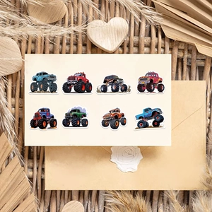 Détail de huit autocollants camions monstres cartoon sur une carte vintage avec décor rustique