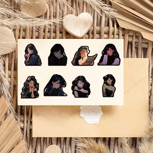 Detailed view of 8 vintage American manga stickers on kraft paper for DIY decoration