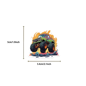Dimensions détaillées d'un autocollant monster truck vert avec flammes oranges