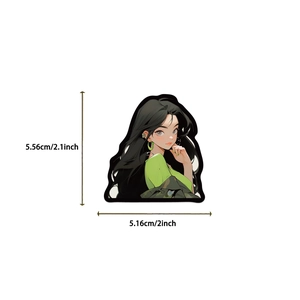 Detail showing dimensions of vintage anime girl sticker, measuring 5.56cm by 5.16cm