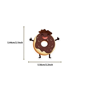 Detail showing dimension of personified chocolate donut sticker 5.44cm by 5.56cm size