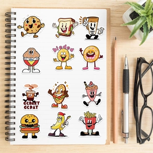 Retro food stickers featuring cookies and coffee on a white spiral notebook