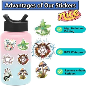 Waterproof cartoon forest witch stickers shown on a water bottle with 100% waterproof labels
