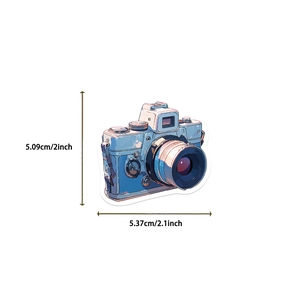 Detail showing dimensions 5.09x5.37cm of retro camera cartoon waterproof sticker