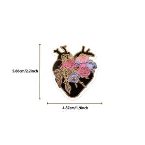 Detailed view of an anatomical heart sticker with floral patterns and size dimensions