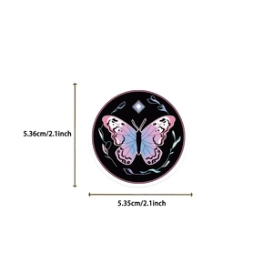 Detailed size chart showing 2.1 inch colorful butterfly sticker for guitars and laptops
