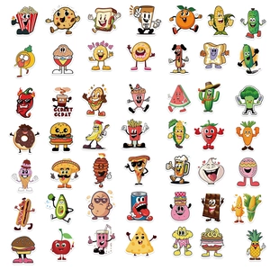 Set of 50 vintage cartoon food and drink stickers for laptops and suitcases