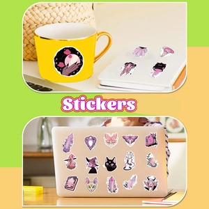 Waterproof witch themed stickers on yellow water bottle and laptop laptop covers