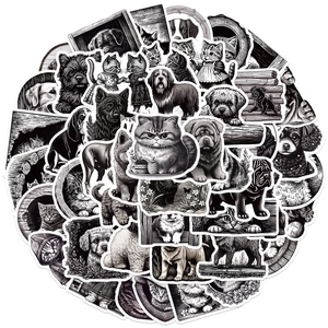 Black and white woodcut style cat and dog stickers for laptops and guitar DIY decoration