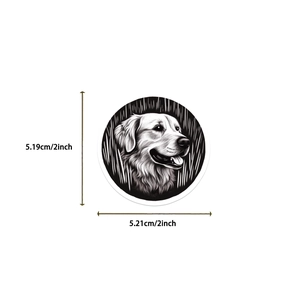 Detail of waterproof black and white golden retriever dog sticker showing 2-inch size dimensions