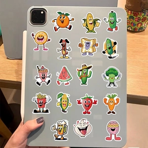 Variety of waterproof cartoon fruit and food stickers on a grey tablet back cover
