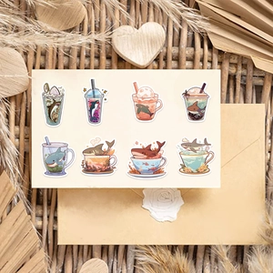 Detail of 8 aesthetic shark-themed stickers with coffee cups for journals and laptops