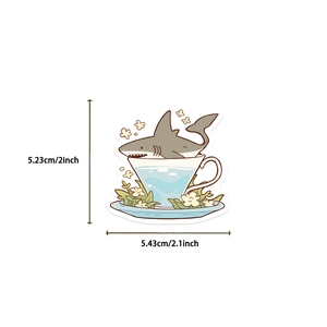 Detail view of cute INS style shark sticker with size dimensions 5.43x5.23cm