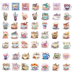 Set of 50 waterproof INS style cartoon shark teacup stickers for luggage and laptop DIY