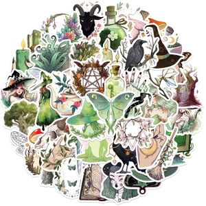 Set of 50 waterproof forest witch stickers with gothic raven, skull, and mystic herb designs