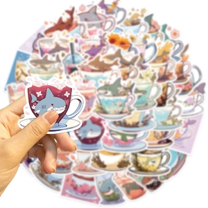 Set of 50 waterproof INS style shark in teacup cartoon stickers for DIY laptop decoration