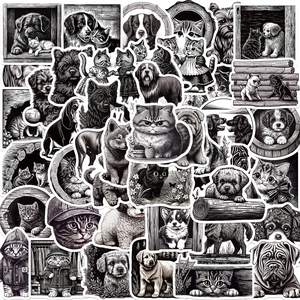 Woodcut Style Animal Stickers Black And White Waterproof PVC Decals For Laptop Guitar Luggage DIY Art Graffiti Stickers