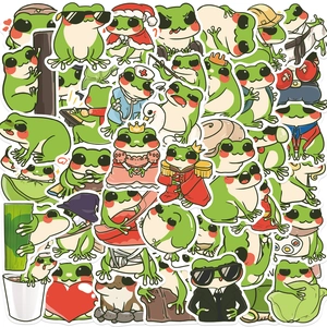 Detailed view of 50 cartoon frog stickers with various outfits for DIY laptop decoration