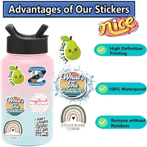 Waterproof cartoon stickers on water bottle showing high definition print and no residue