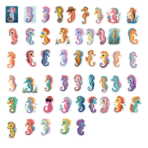 Lot de 50 autocollants de dessins animés d'hippocampes colorés aux designs variés et mignons