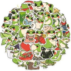 Detailed view of assorted cartoon frog stickers in various creative outfits and poses