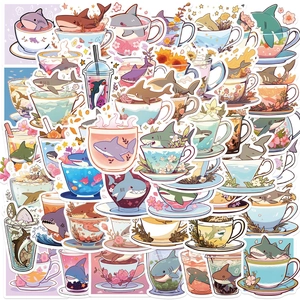 Cute Cartoon Shark Teacup Stickers Waterproof PVC DIY Decals For Laptop Luggage Guitar Stationery Scrapbooking Decoration