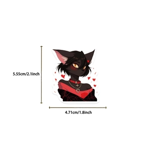 Vue détaillée de l'autocollant chat noir anthropomorphe avec dimensions de 5,55cm x 4,71cm