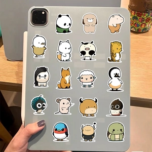 Cute animal doodle stickers displayed on a tablet back with 18 unique cartoon patterns