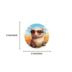 Macro shot showing 2-inch diameter size measurement of a round cartoon animal sticker