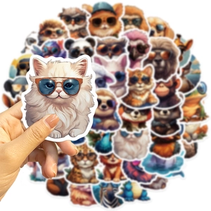 Close-up of waterproof animal stickers with sunglasses for laptop and luggage DIY decor