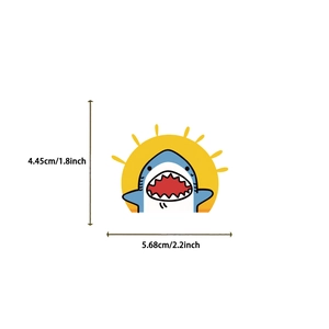 Detailed size measurement showing 5.68cm width and 4.45cm height of blue shark sticker