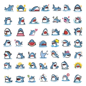Set of 50 waterproof cartoon blue shark graffiti stickers for laptops and luggage DIY
