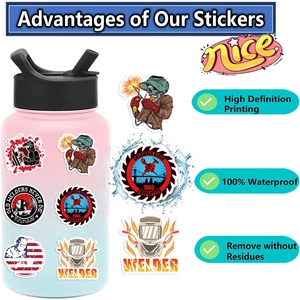 Waterproof vinyl welding stickers shown on a water bottle with various industrial designs