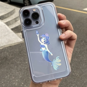 Gros plan d'une coque iPhone transparente avec un autocollant sirène bleue étanche
