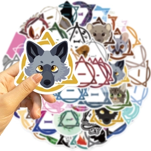 Detailed close-up of waterproof cartoon animal stickers with wolf and cat designs