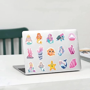 Waterproof Little Mermaid stickers shown applied to a laptop lid in bright ocean colors