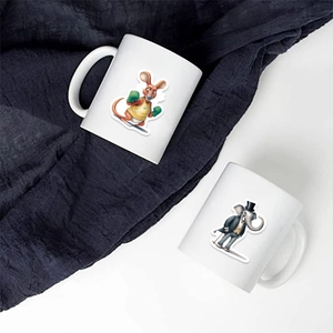 Detailed view of ceramic mug featuring boxing kangaroo and gentleman elephant stickers