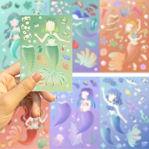 Set d'autocollants sirène de dessin animé DIY avec divers accessoires océaniques pour déco